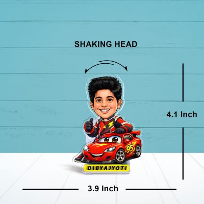 Personalized Racing Car Theme Bobblehead Caricature Standee for Car Dashboard Decor  Birthday Gift for Son, Brother, or Boyfriend  Solar Powered Moving Head Feature